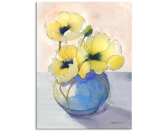 Kintsugi Vase and Poppies art print from original watercolor, yellow poppies in vase with gold lines