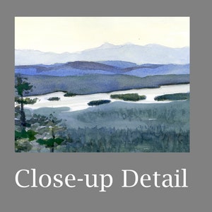 May include: Watercolor painting of a landscape with a river winding through a valley. The mountains in the background are a hazy blue, and the trees in the foreground are a darker green.