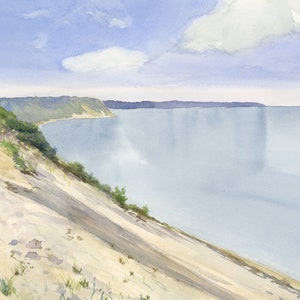 Sleeping Bear Dunes Painting wall art, print of original watercolor painting, Lake Michigan from dunes overlook, paper or stretched canvas