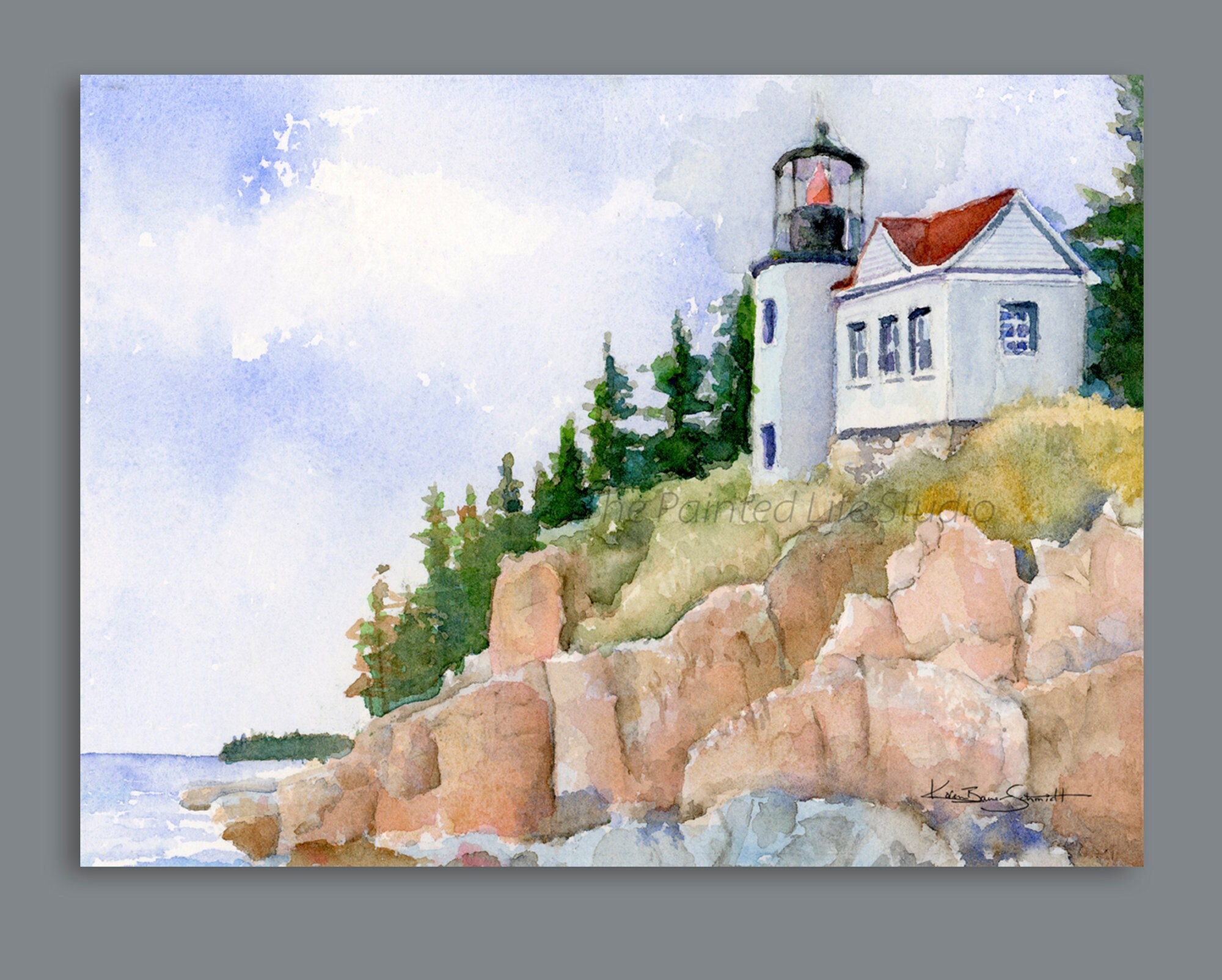 Acadia Maine Lighthouse Print of Watercolor Painting Bass picture