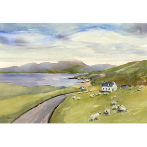 Scottish Highlands and Sheep print of watercolor painting, Scotland countryside mountains and sea on the Isle of Harris