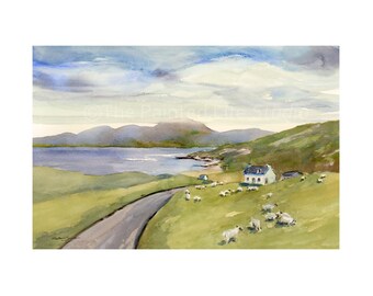 Scottish Highlands Sheep Print: Isle of Harris Watercolor Landscape, paper or stretched canvas prints
