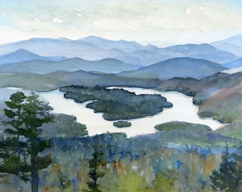 May include: A watercolor painting depicting a landscape with a central lake containing several islands, surrounded by dense green forests and layers of blue mountain ranges fading into a pale sky in the distance.
