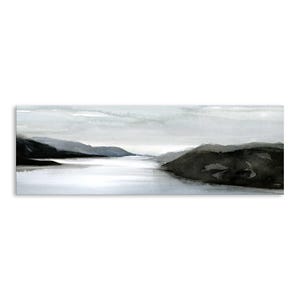 Panoramic Mountain River Watercolor Print: Black, White & Gray