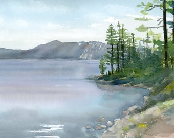 Lake Tahoe Art Print: Shoreline Watercolor Painting