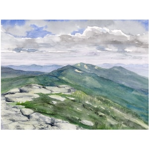 May include: A watercolor painting of a mountain range with a cloudy sky. The mountains are green and the sky is a light blue with white clouds. The painting is done in a realistic style.