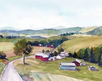 Countryside Watercolor Art Print: Farms and Rolling Hills, Farmhouse Decor