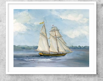 Pride of Baltimore II Watercolor Print, Schooner Sailing Ship painting prints on paper & canvas