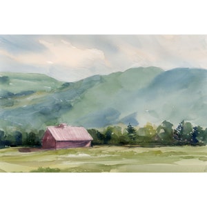 Vermont Mountains and Valley art print, Green Mountains of Vermont with barn and farm, print of original painting, paper or stretched canvas