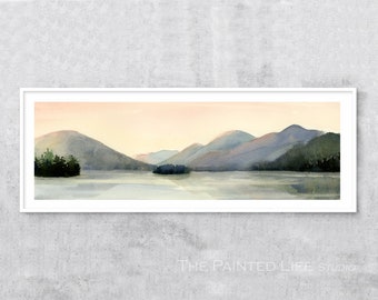 Lake George Sunset Wall Art print, mountains and lake print wall decor, various sizes, Lake George in Summer panoramic wide print