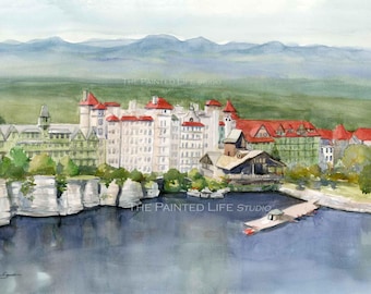 Mohonk Mountain House Watercolor Art Print: Resort and Lake