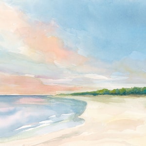 Coastal art original painting, beach and shoreline watercolor painting, one of a kind artwork