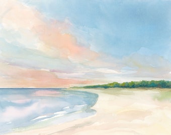 Coastal art original painting, beach and shoreline watercolor painting, one of a kind artwork