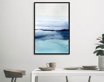 Blue Abstract Waves Seascape print, indigo and turquoise watercolor vertical format wall art in various sizes