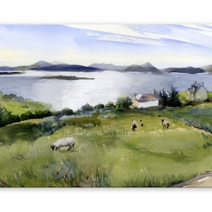 Scottish Highlands Sheep CANVAS landscape wall art print of watercolor painting, Scotland countryside art, various sizes