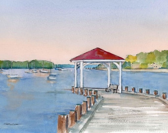 Northport Dock Art Print: Village Harbor Gazebo Watercolor prints on paper or stretched canvas