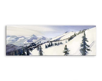 May include: A watercolor painting of a snowy mountain scene with a line of evergreen trees along a snow-covered slope. The mountains in the background are a light blue and purple color, while the foreground is a white snowy landscape.