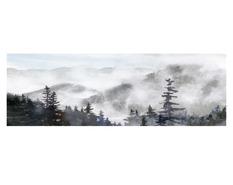 Adirondack Mountains Panoramic Print: Foggy Pine Forest Watercolor Art