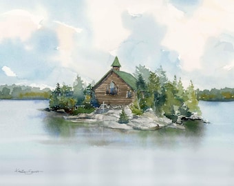 Chapel Island Saranac Watercolor Art Print: Adirondack Lake