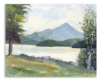 May include: A watercolor painting of a lake scene with a mountain range in the background. The lake is a light blue color and the mountains are a light gray color. There are trees on either side of the lake, and the sky is a light blue color.