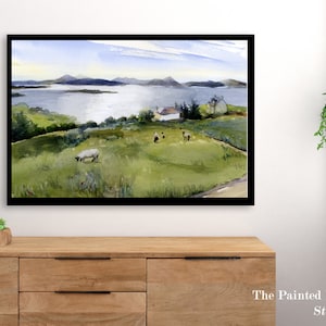 Scottish Highlands Sheep landscape wall art print of watercolor painting, Scotland countryside art, various sizes image 3