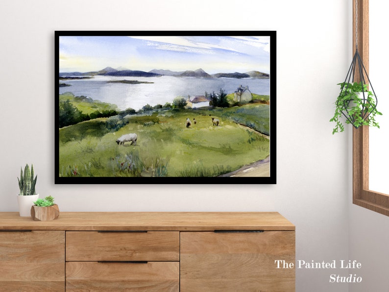 Scottish Highlands Sheep landscape wall art print of watercolor painting, Scotland countryside art, various sizes image 3