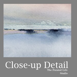 May include: A watercolor painting of a seascape with a soft, hazy sky in shades of pink, blue, and gray. The horizon line is marked by a thin band of dark blue, representing the water. The painting has a calming and serene atmosphere.