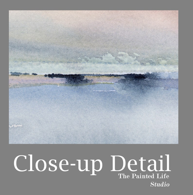 May include: A watercolor painting of a seascape with a soft, hazy sky in shades of pink, blue, and gray. The horizon line is marked by a thin band of dark blue, representing the water. The painting has a calming and serene atmosphere.
