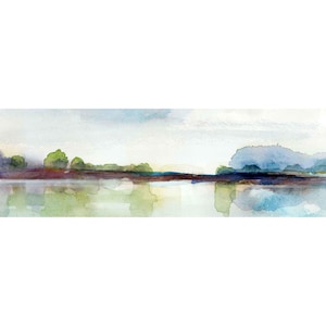 Impressionist Lake Painting: Colorful Panoramic Landscape in blues and greens, paper or canvas
