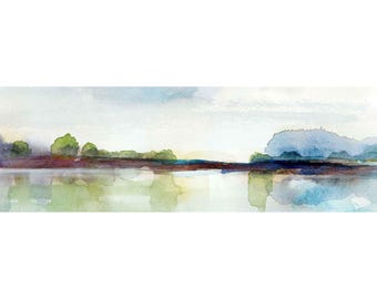 Impressionist Lake Painting: Colorful Panoramic Landscape in blues and greens, paper or canvas