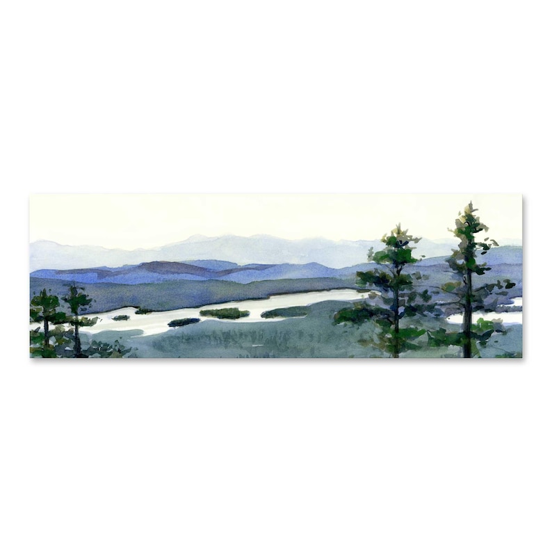 May include: A watercolor painting of a landscape with a river winding through a valley. The mountains in the background are a soft blue, and the river is a light blue. There are two green trees in the foreground.