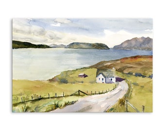 Scottish Highlands Painting, wall art print of watercolor painting of Isle of Skye countryside, paper or stretched canvas in various sizes