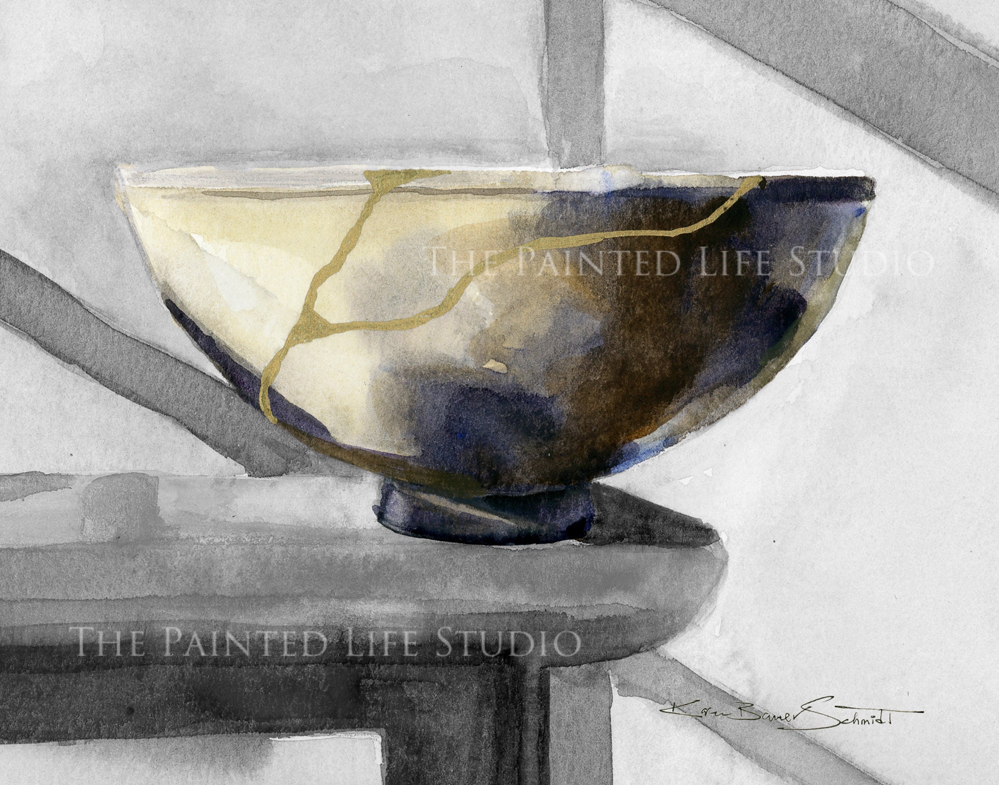 Kintsugi Bowl Art Print: Wabi-Sabi Japanese Design, Neutral Colors