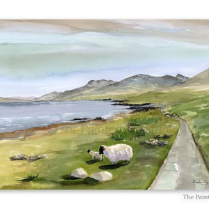 Isle of Mull sheep print of watercolor painting, Scottish sheep along coast of Loch Na Keal, art print in various sizes