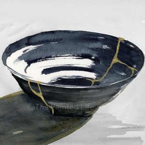 May include: Watercolor painting of a black bowl with gold-colored kintsugi repair. The bowl has a glossy finish and is set against a white background. The shadow of the bowl is visible below it. The text "The Painted Life Studio" is visible.