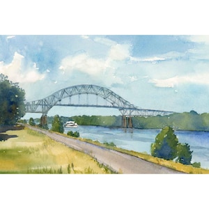 May include: Watercolor painting of a bridge over a river, with a boat passing underneath. The bridge is gray, and the sky is blue with white clouds. The river is blue, and the banks are green and yellow.