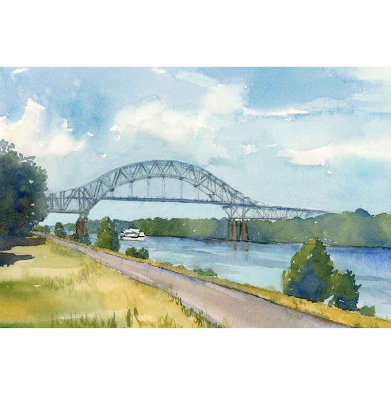 Sagamore Bridge Watercolor Print: Cape Cod Art, Stretched Canvas Option
