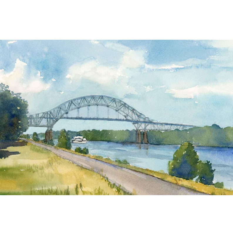 May include: Watercolor painting of a bridge over a river, with a boat passing underneath. The bridge is gray, and the sky is blue with white clouds. The river is blue, and the banks are green and yellow.