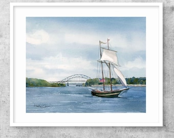 Pride of Baltimore II Watercolor Print, Cape Cod Canal Ship Art (Paper or Canvas)