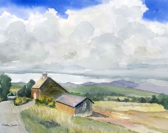 Barns Painting: New England Farm Watercolor, prints on paper or stretched canvas