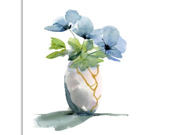 Kintsugi Vase with Blue Poppies Art Print: Wabi-Sabi Watercolor