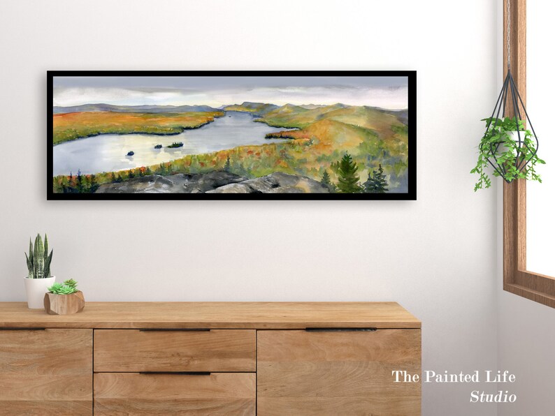 watercolor art in various sizes Adirondack Lake Autumn Art Print Mountains and Lake wall art wide panoramic print of fall foliage
