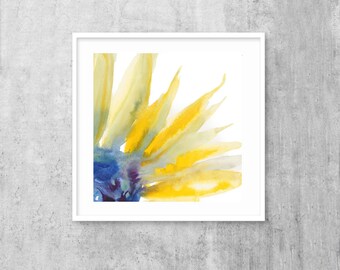 Square Sunflower print: contemporary, bright watercolor painting of single sunflower petals
