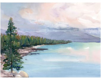 Lake Tahoe Piers Watercolor Print: Mountain Landscape Art