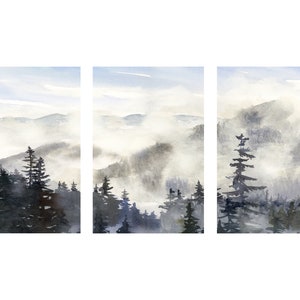 Set of 3  prints, Adirondacks Mist and mountains, foggy pine forests landscape in neutral colors, black blue, triptych prints, various sizes