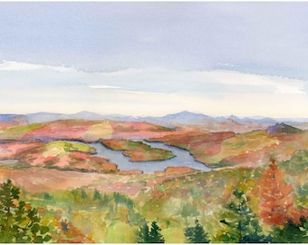 Lake Placid Autumn Watercolor Art Print: Adirondack View, Paper or Ready to Hang Canvas