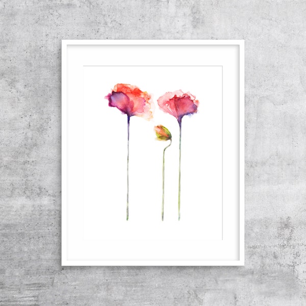 Red Poppies art print, simple modern floral wall decor, poppy botanical painting on white background, vertical portrait orientation