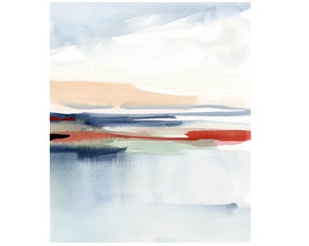 May include: Abstract watercolor painting with horizontal brushstrokes in shades of blue, peach, green, and red. The painting has a soft, ethereal feel.
