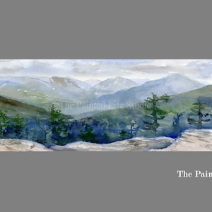 Adirondack Mountain Summit panoramic art print, watercolor painting of Big Slide Mountain in the High Peaks Wilderness, paper or canvas