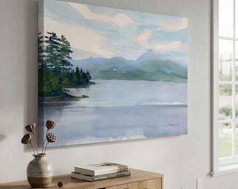 Lake Placid & Whiteface Mountain Watercolor Art Print, Morning Fog in the Adirondacks